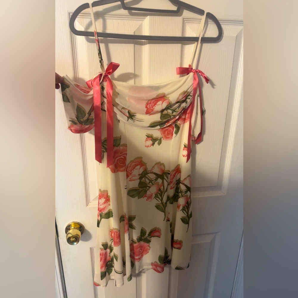 Floral Off-Shoulder Dress with Pink Accents